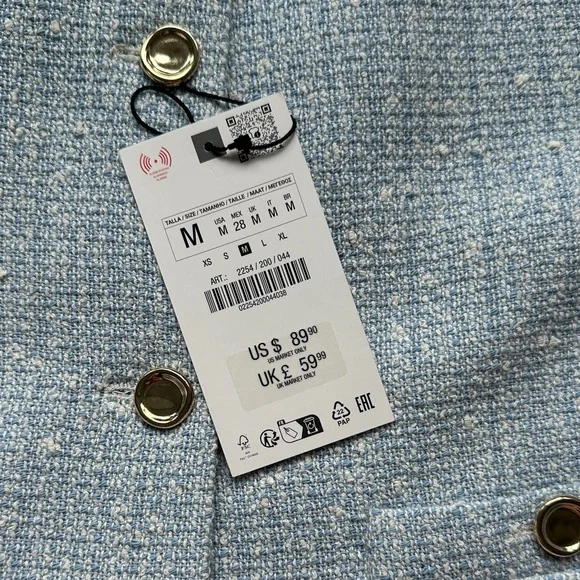 Zara Light Blue Tweed Jacket with Gold Buttons - Picture 3 of 4